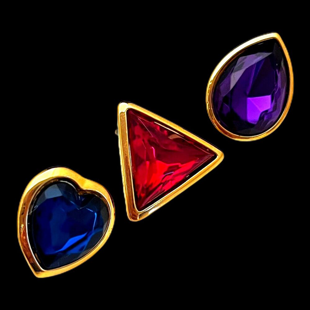 Vintage 1980s Trifari Pin Set Jewel Tone Crystal Gold Tone Original Tags - 11V